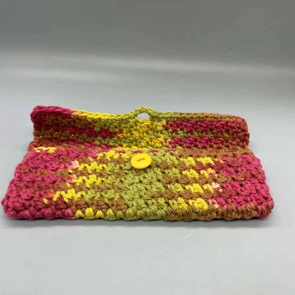 Handmade Crochet Pouch Variegated Pink Yellow Green Button Closure eyeglass case